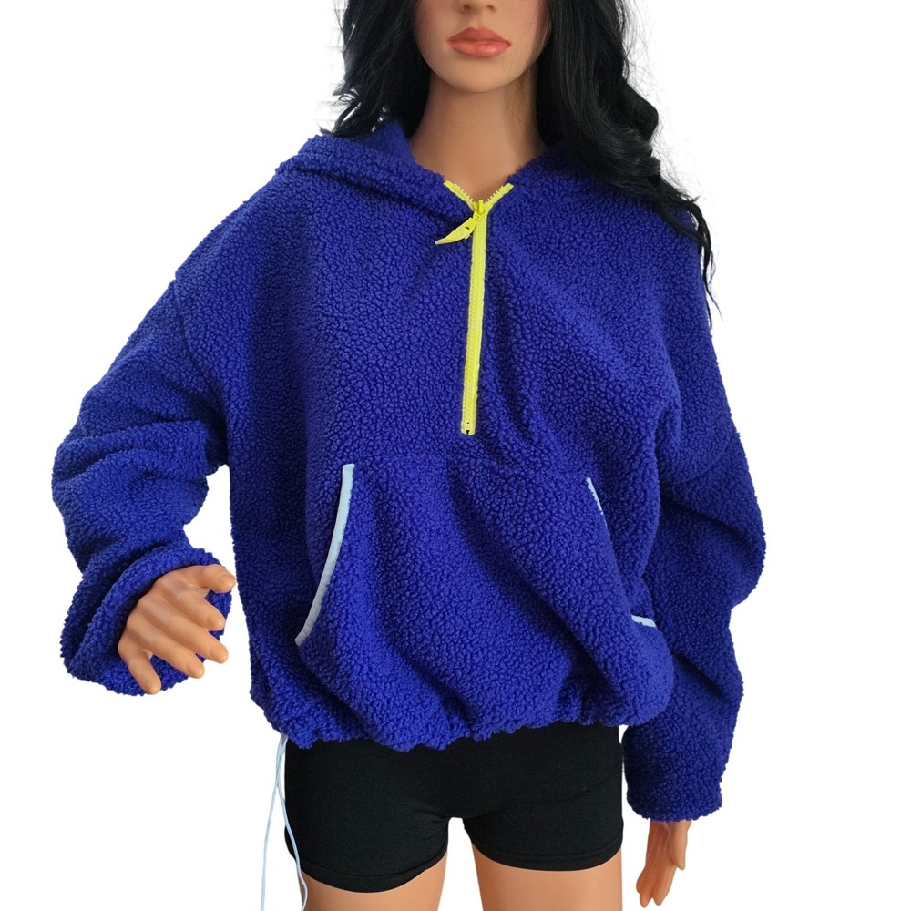 Blue Sherpa Fleece Quarter Zip Hoodie Neon Yellow Accent Oversized Pullover